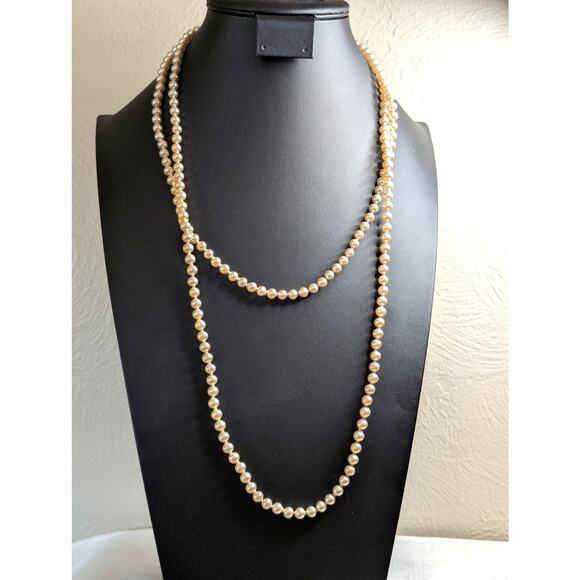 Vintage Faux Champagne Hand-Knotted 6mm Glass Pearl 32" Long Strand Necklace - Picture 1 of 6